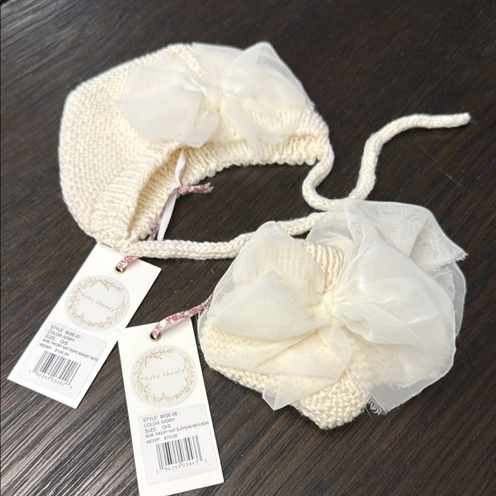 Bebe theory and Love Shack Fancy knit ivory bonnet and slippers with bow